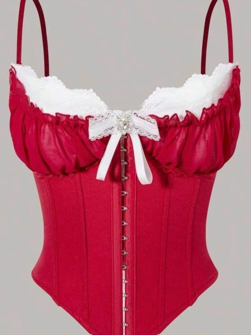 Red Lace-Trim Corset Bustier with Bow